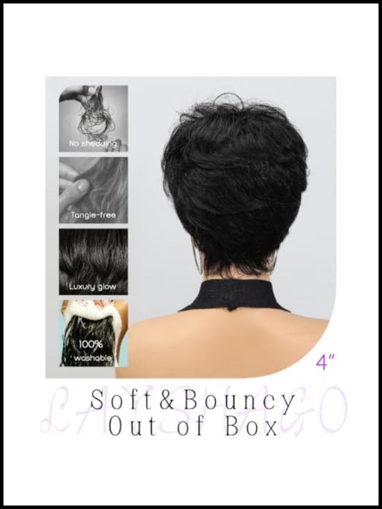 100% Human Hair Pixie Cut Wig for Women, Glueless Short Layered Wig with Bangs,